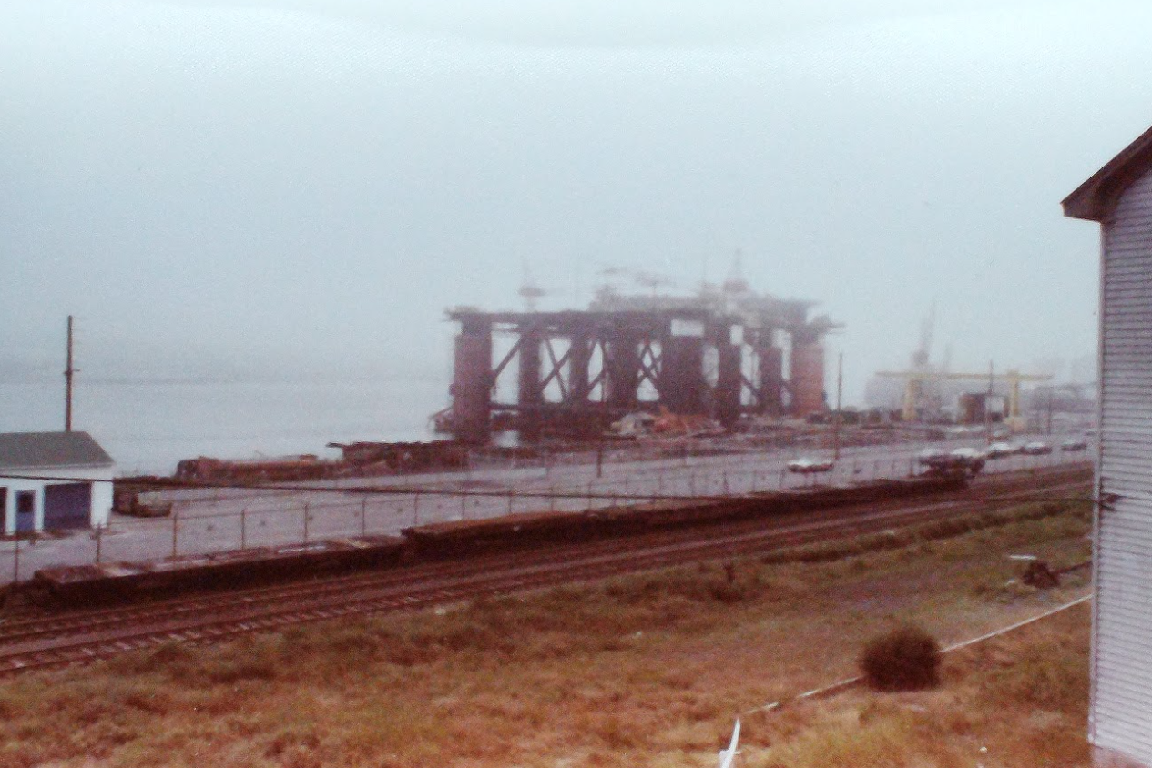 Ocean Ranger semi-submersible drilling rig at Bay Bulls Newfoundland before assembly 1980