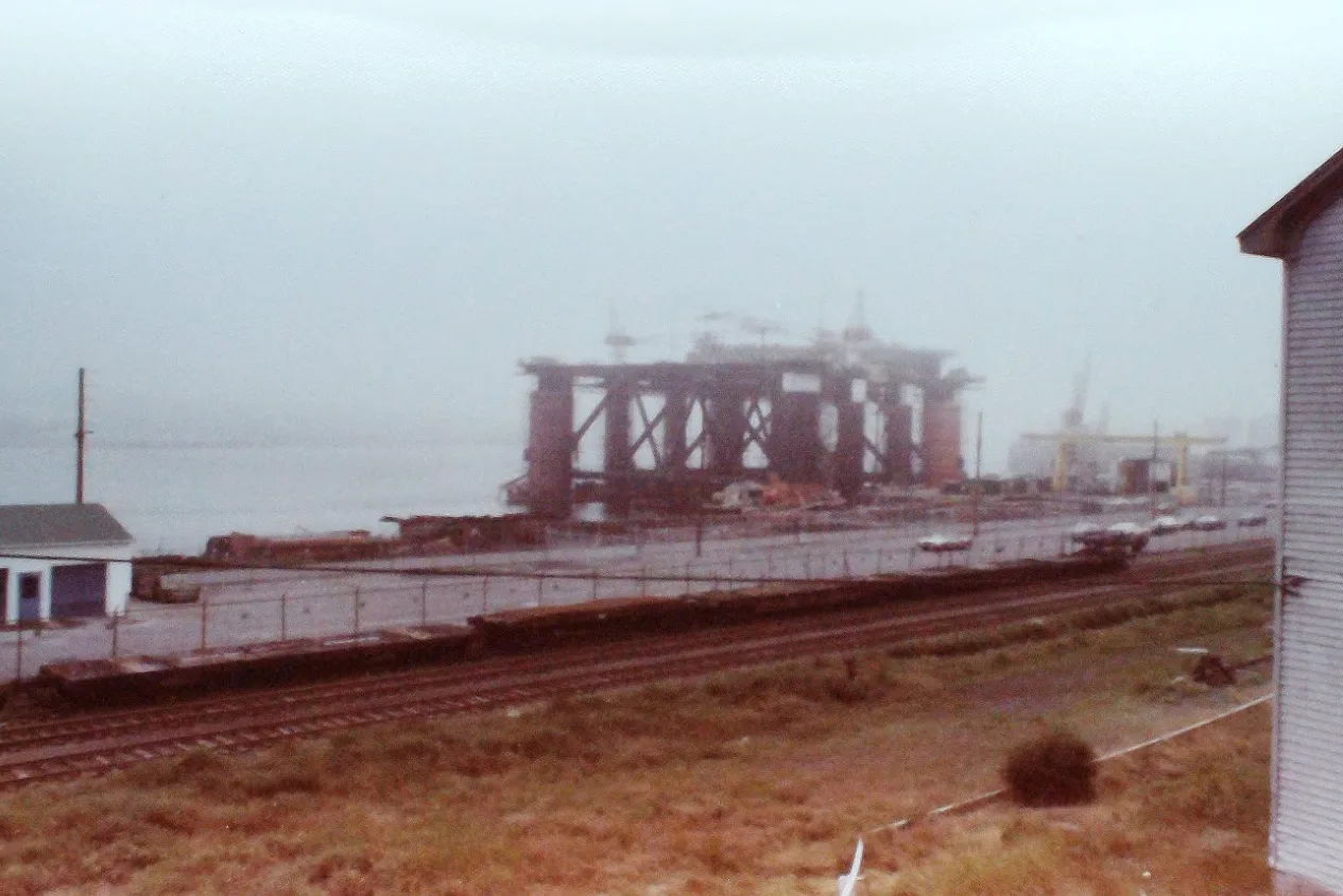 Ocean Ranger semi-submersible drilling rig at Bay Bulls Newfoundland before assembly 1980